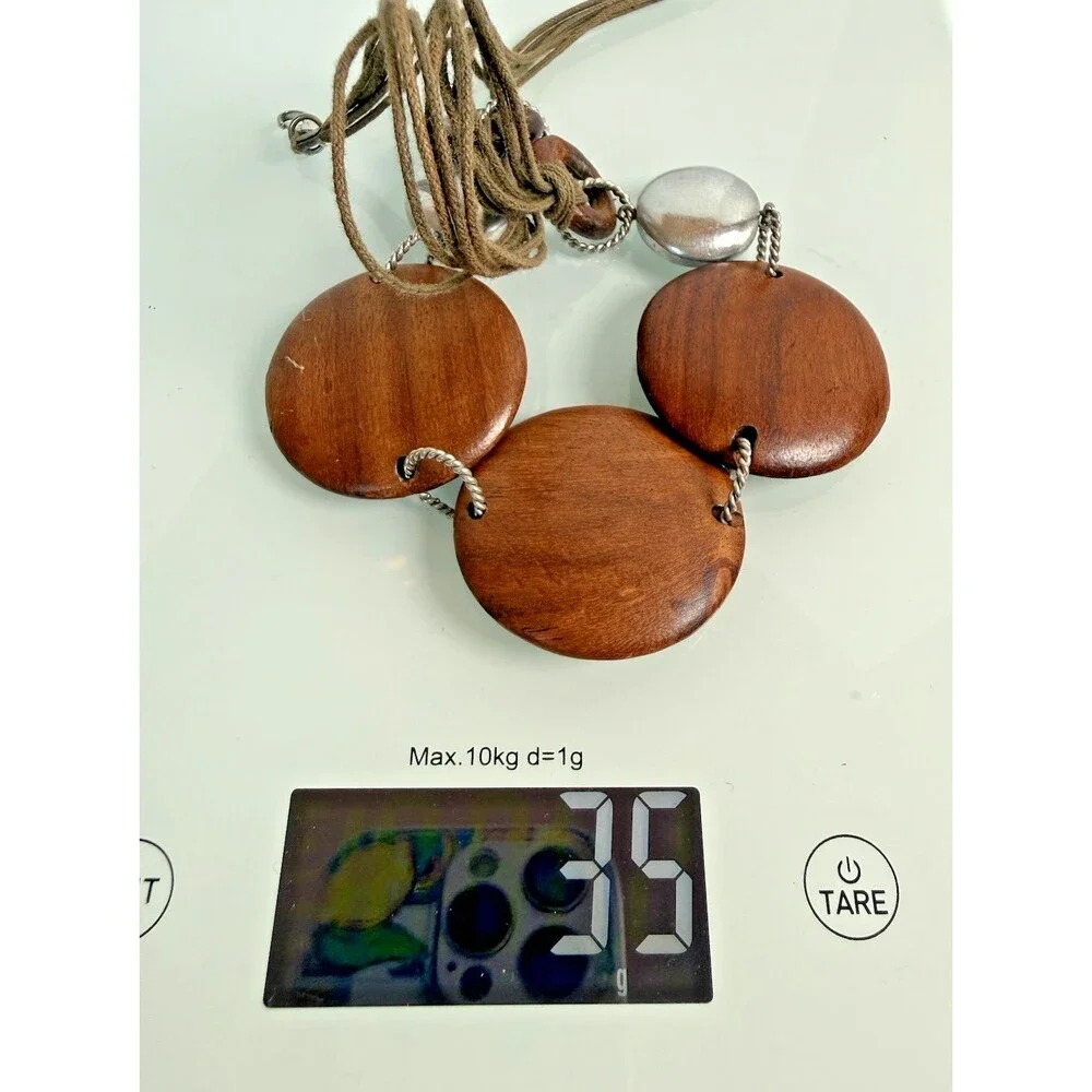 Chunky Round Wood Disc & Textured Silver Statement Necklace Rope Cord Boho